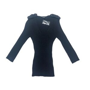 WOLFORD Black/Dark Gray Ribbed V Neck Wool Blend Sweater Womens size Large‎